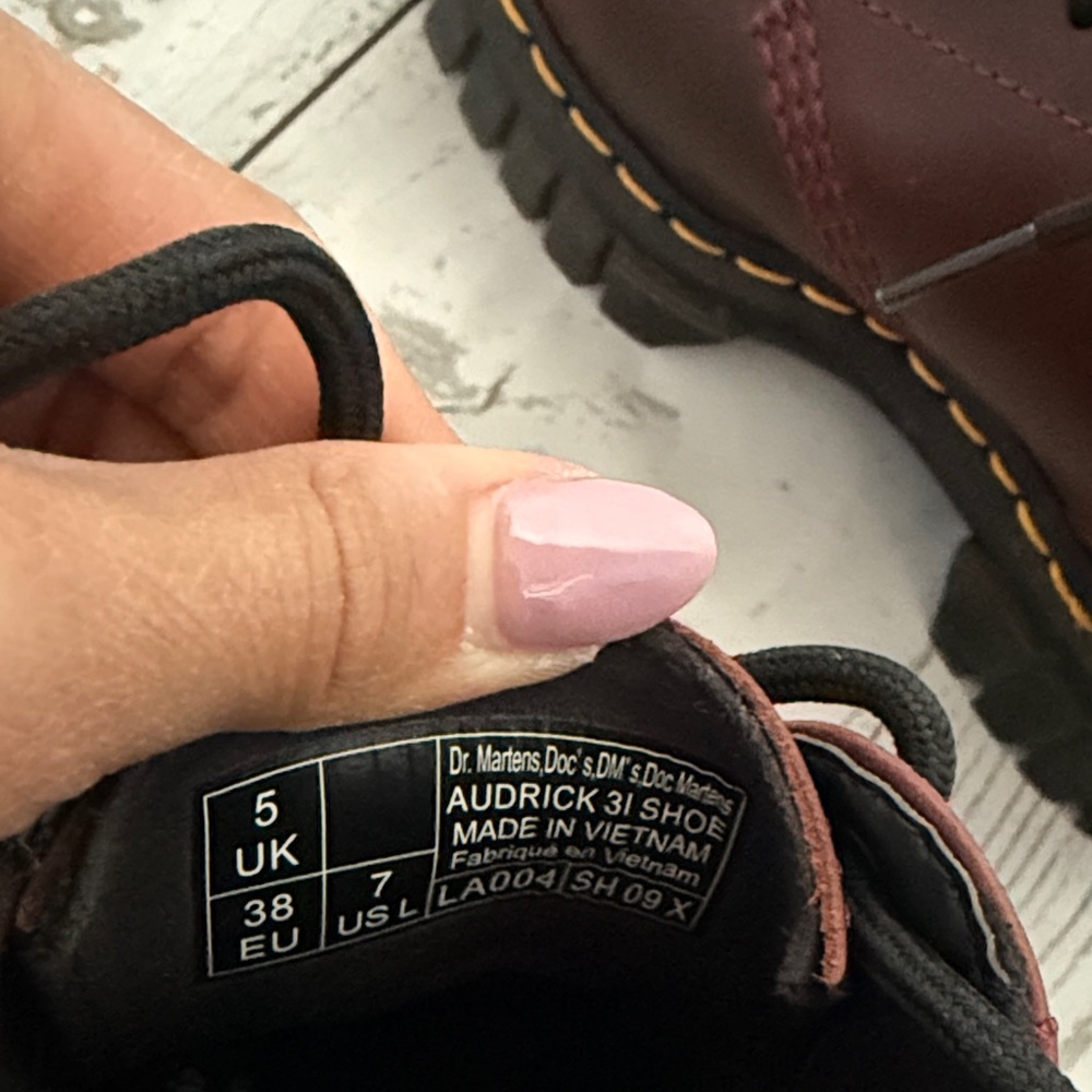 Dr. Martens Burgundy Leather Chunky Lace-Up Oxfords with Yellow Stitching - Picture 9 of 9